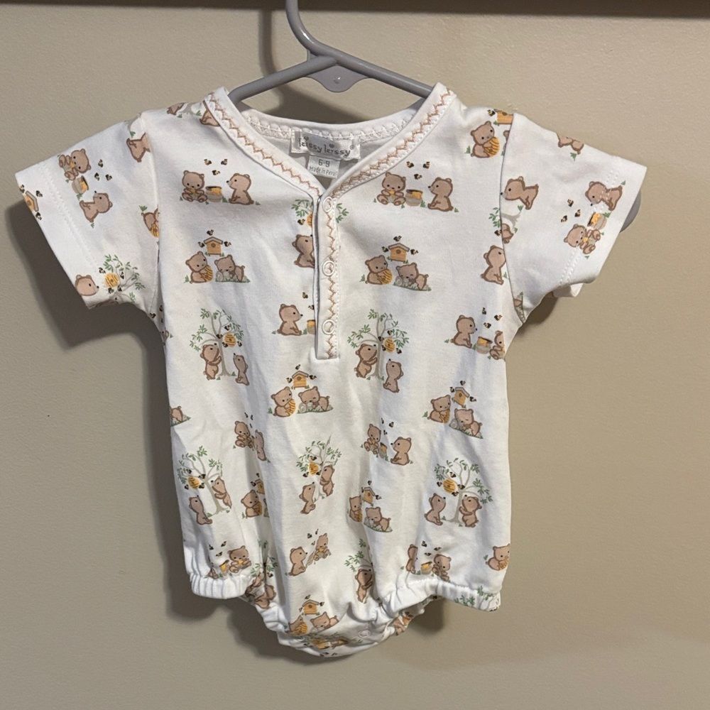 Kissy Kissy White Cotton One-Piece with Tan Bear and Green Sprig Print
